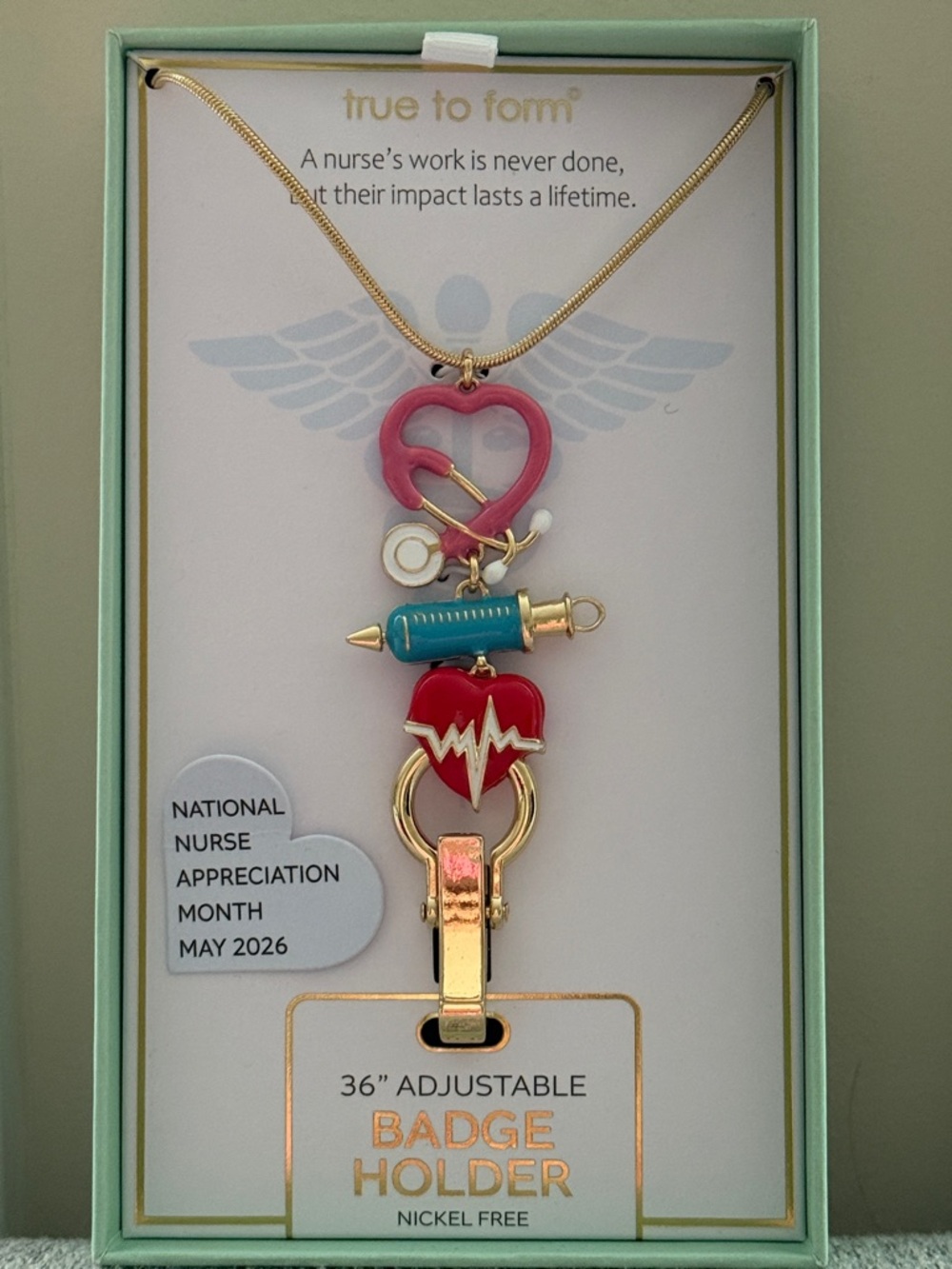 True to Form Nurse ID Badge Holder Necklace heart and medical-themed NIB